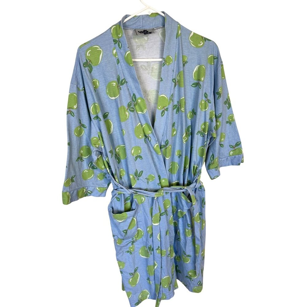 Green Apple Print Cotton Robe Soft Loungewear The Company Store Medium Tie Blue